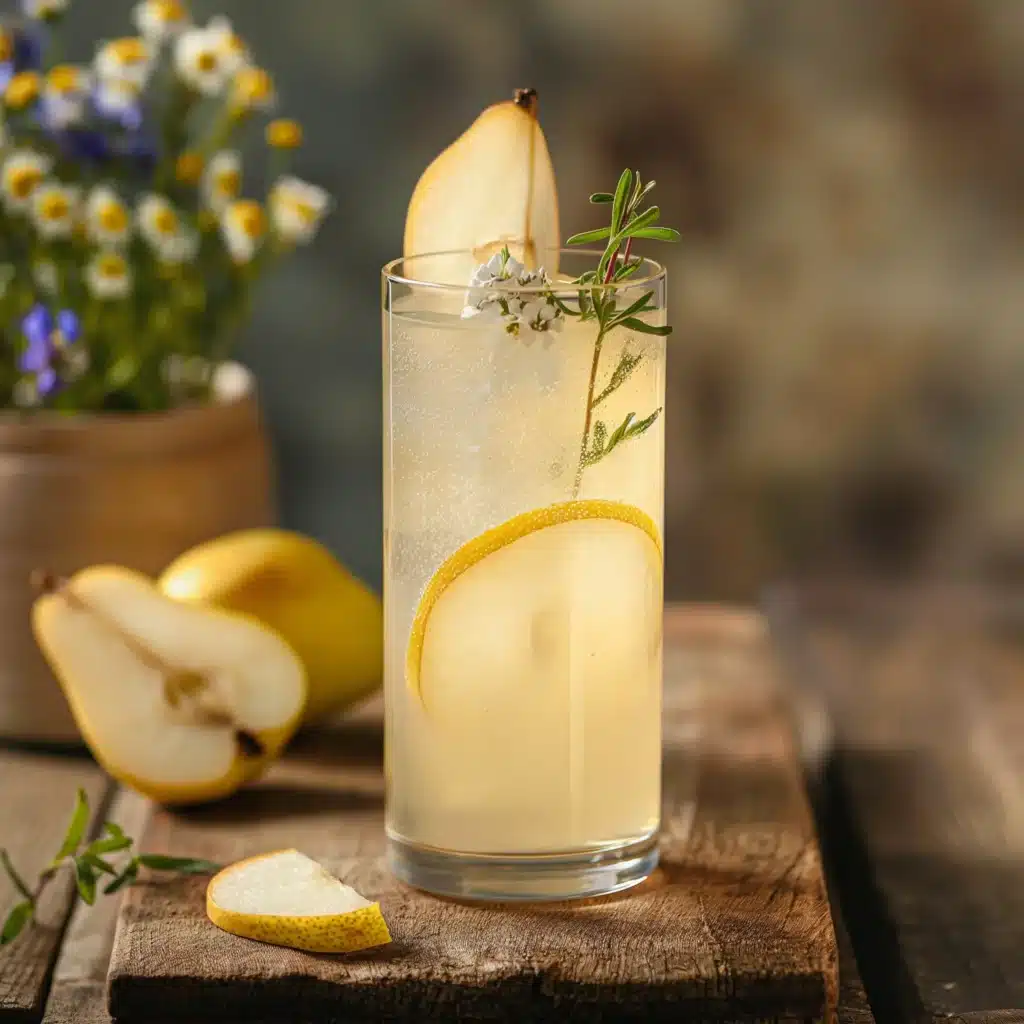 Pear & Elderflower Collins med gin, fläder, päron, citron, honung & soda