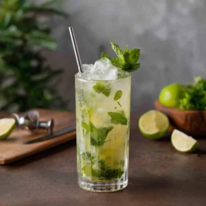 mojito görs med ljus rom, socker, mynta, limejuice & soda