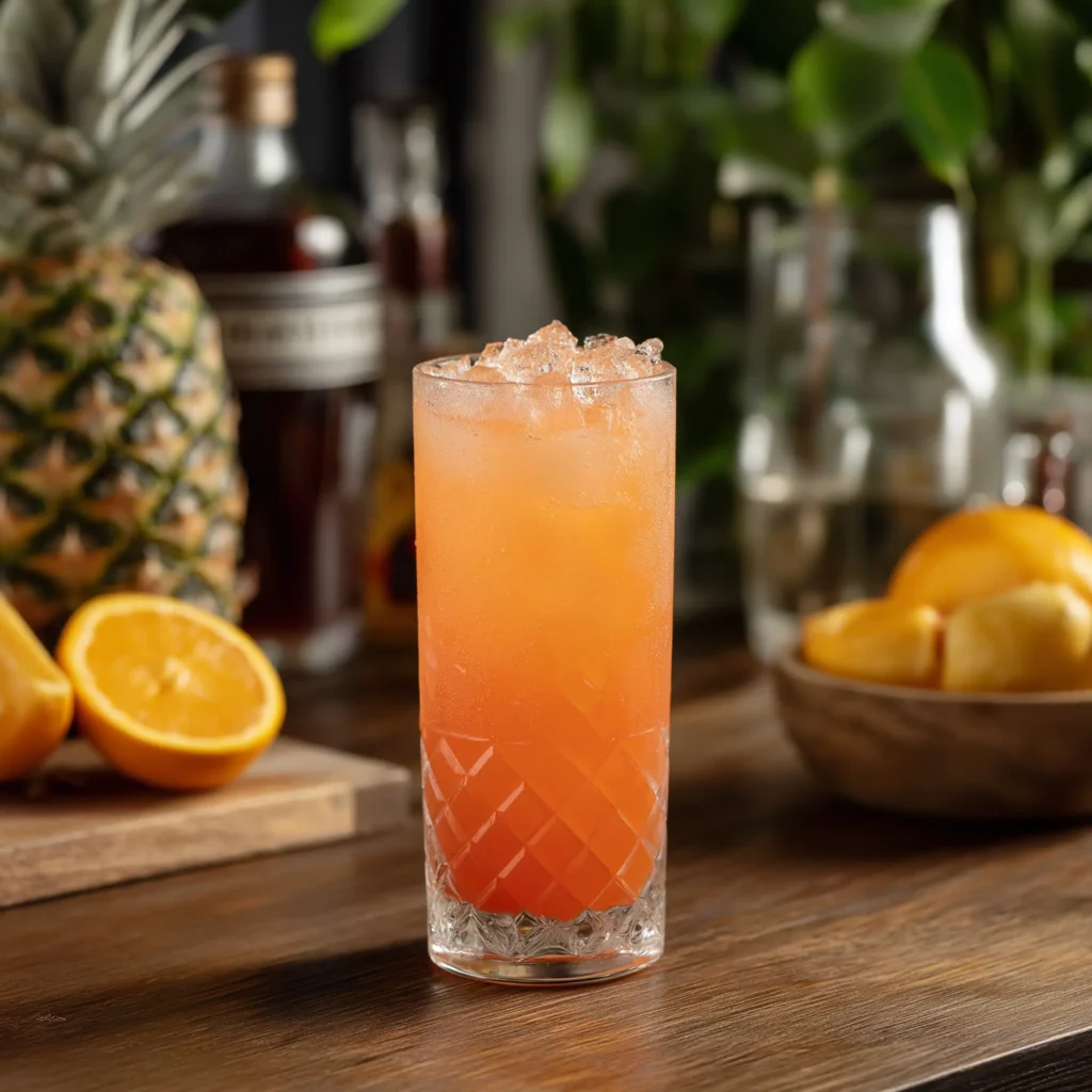 Tropical Fluff med aperol, jamaikansk rom, bananlikör, ananasjuice, apelsinjuice & grapefruktjuice