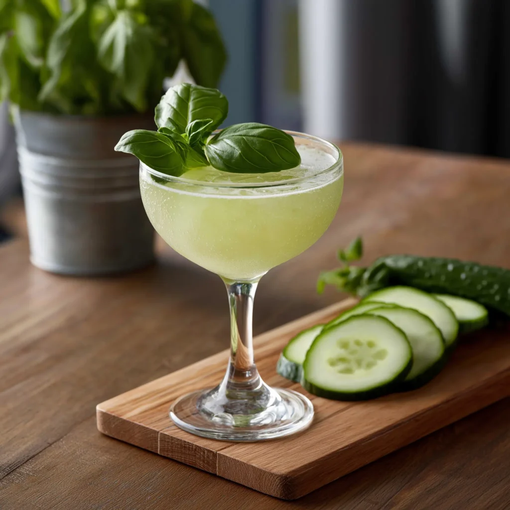 Cucumber Basil Gimlet med gin, limejuice, gurkjuice, sockerlag & basilika