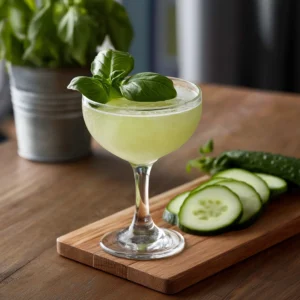 Cucumber Basil Gimlet med gin, limejuice, gurkjuice, sockerlag & basilika