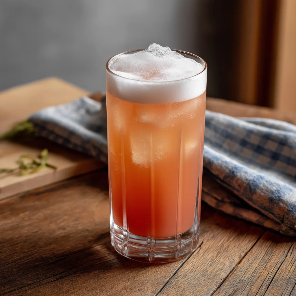 Gin Rhubarb Fizz med gin, rabarbersockerlag, citronjuice, äggvita & soda