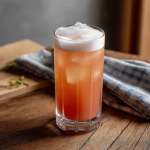 Gin Rhubarb Fizz med gin, rabarbersockerlag, citronjuice, äggvita & soda