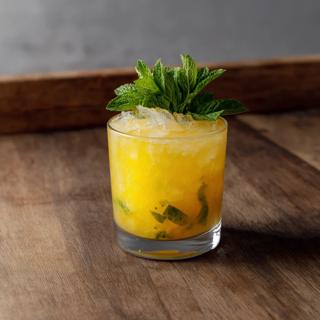 Pepper Smash #2 med akvavit, mynta, limejuice, gul paprikajuice & utspädd lönnsirap