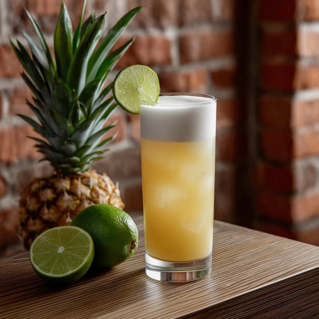 State Street Cocktail med gin, ananasjuice, citronjuice, limejuice, sockerlag & äggvita