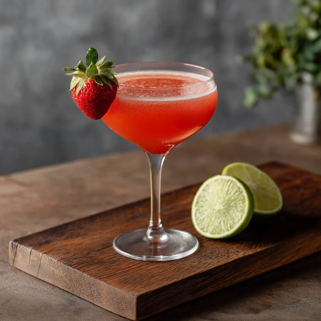 Strawberry Daiquiri görs med ljus rom, jordgubbssockerlag & limejuice