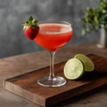 Strawberry Daiquiri görs med ljus rom, jordgubbssockerlag & limejuice