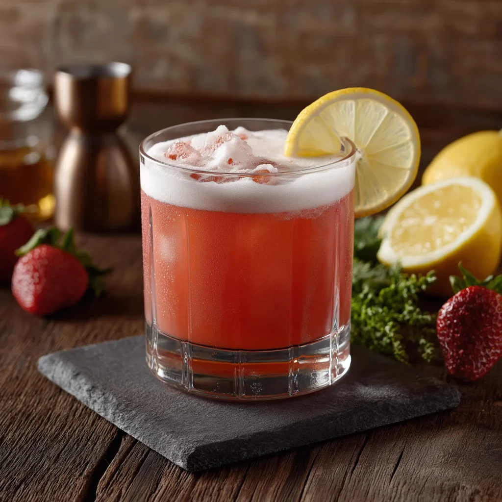Strawberry Sour med vodka, citronjuice, jordgubbssockerlag & äggvita