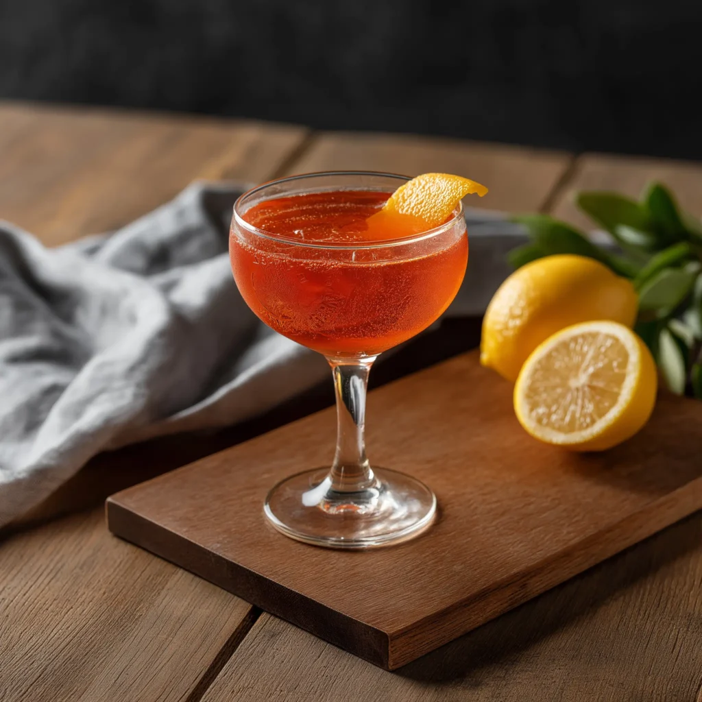 Scarlet Spritz med absinthe, jordgubbsaperol, torr vermouth, rabarberbitters & champagne