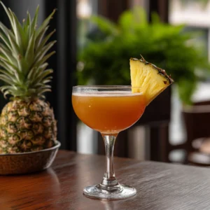 Tropical Saratoga med brandy, marashinoliklör, ananasjuice, citronjice & bitters samt saltlösning
