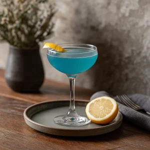Bikini Martini med gin, blå curacao, peach schnapss, citronjuice & vatten
