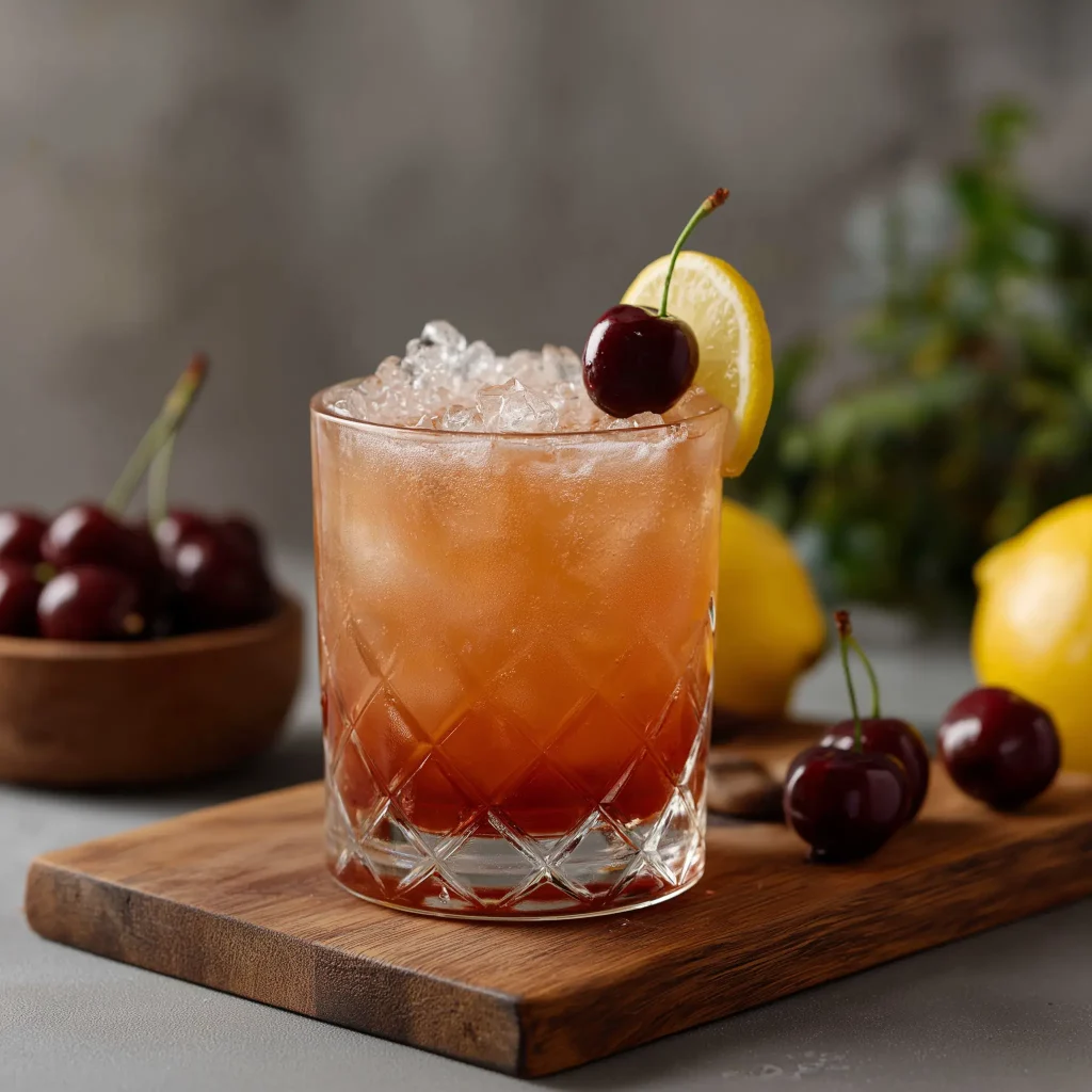 Cherry Mash Sour med bourbon, körsbärslikö, citronjuice & sockerlag