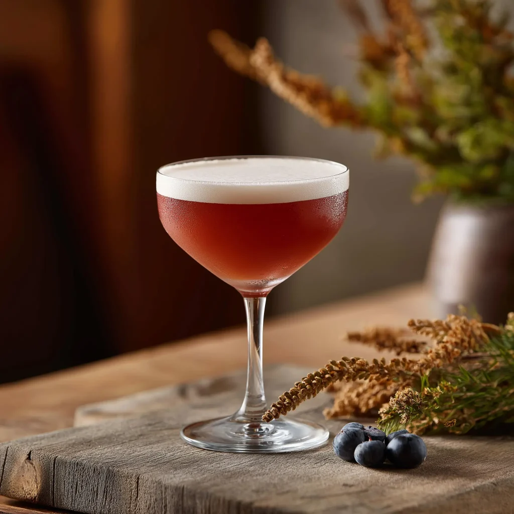 Panacea görs med whisky, citronjuice, blåbär & lavendel shrub & äggvita