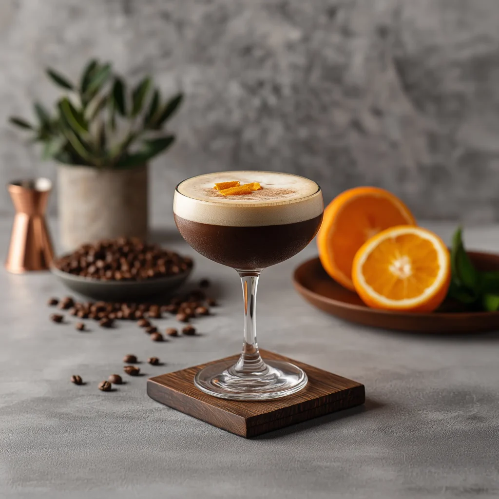 Chocolate Orange Espresso Martini med codka, triple sec, creme de cacao, creme de cafe & espresso
