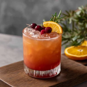 Cranberry Orange Whisky Sour med whisky, tranbärsjuice, apelsinjuice, limejuice, sockerlag & ginger beer