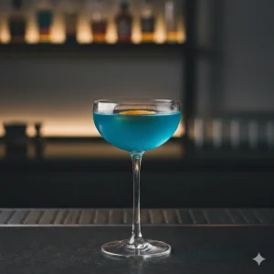 Gun Metal Blue med mezcal, blå curacao, limejuice, peche de vigne, kanelsockarlag & gentianlikör