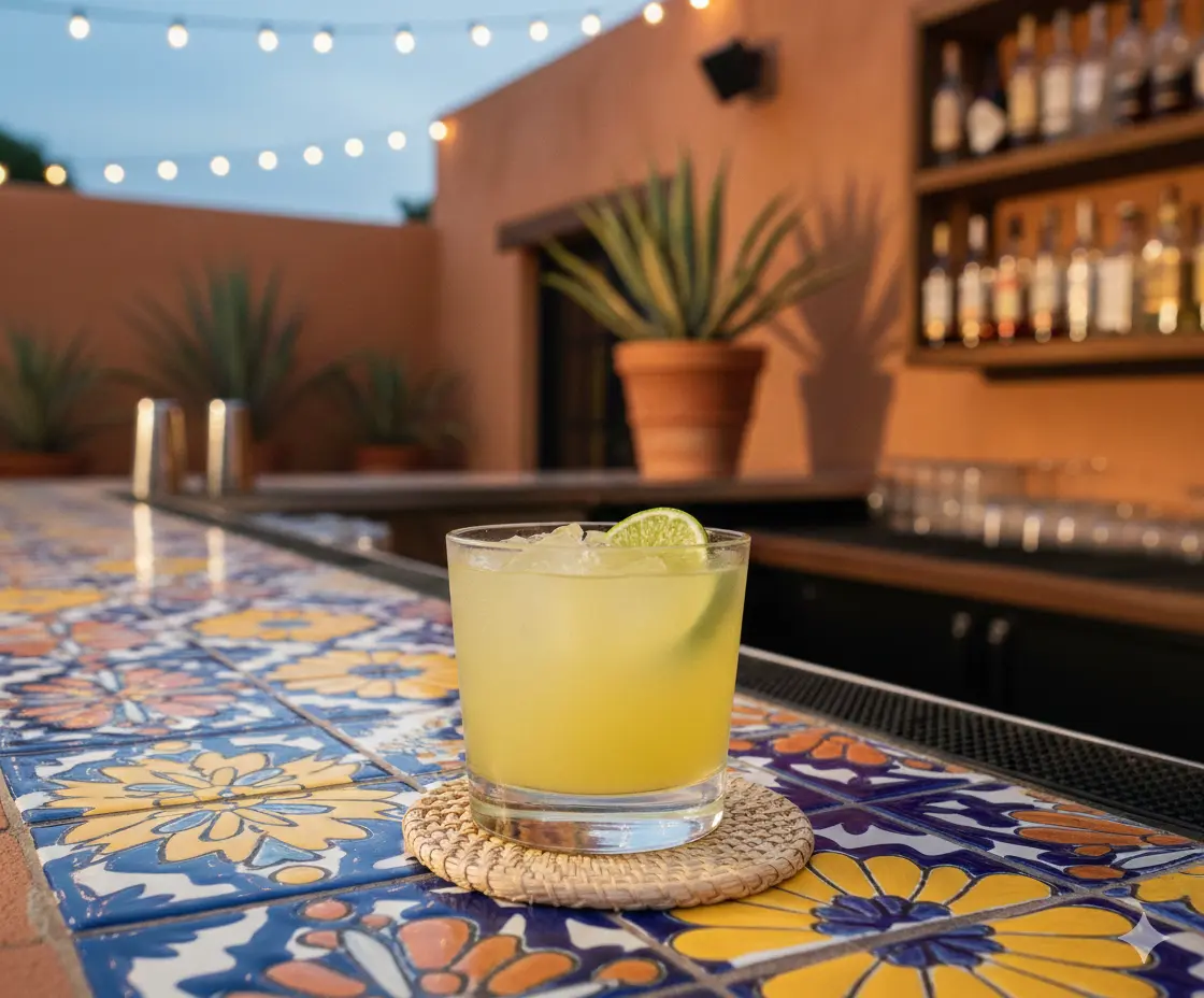 Mezcalita med mezcal, triple sec, limejuice, apelsinjuice, agave, margaritabiters & saltlösning