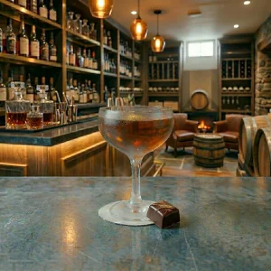Chocolate Orange Manhattan med bourbon, rye whosky, söt vermouth, grand marnier, creme de cacao & chocolate bitters