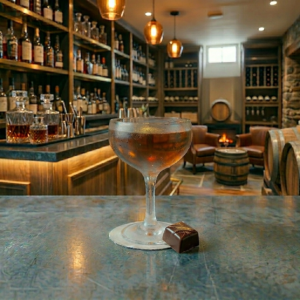 Chocolate Orange Manhattan med bourbon, rye whosky, söt vermouth, grand marnier, creme de cacao & chocolate bitters