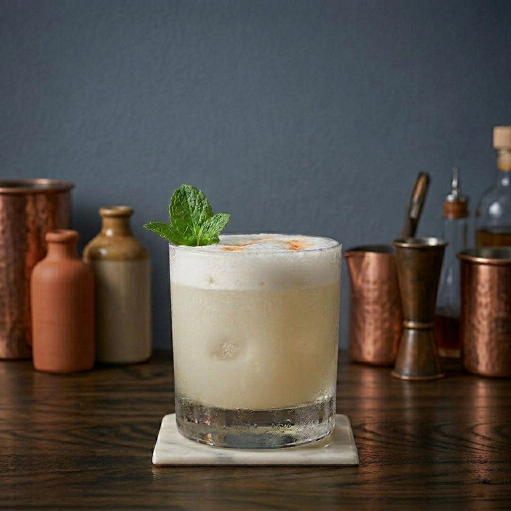 Disco Sour med gin, pisco, peche de vigne, citronjuice, orange bitters & äggvita