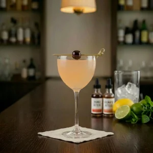 Journalist Cocktail med gin, söt vermouth, torr vermouth, citronjuice, orange curacao, sockerlag & bitters