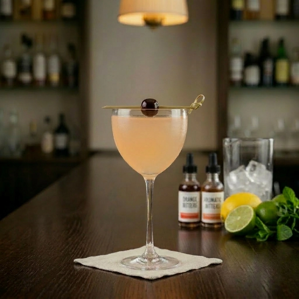 Journalist Cocktail med gin, söt vermouth, torr vermouth, citronjuice, orange curacao, sockerlag & bitters