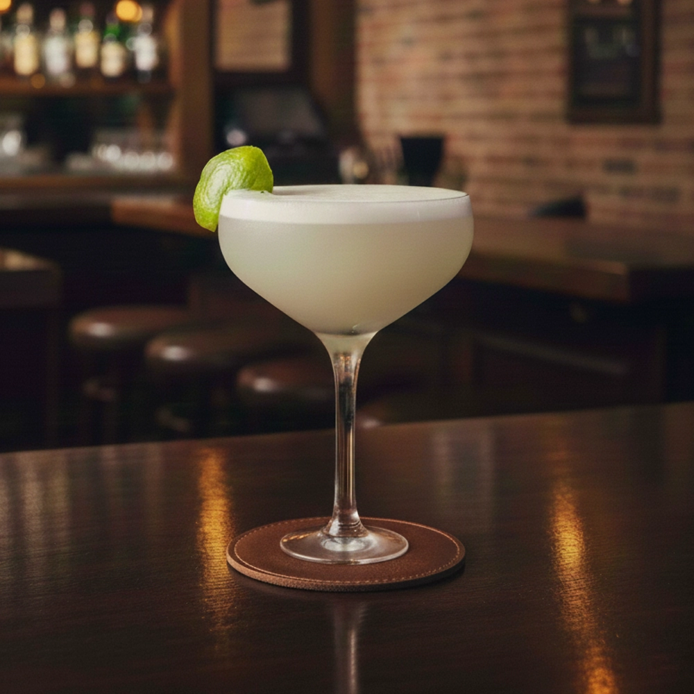 Midnight Fizz med gin, triple sec, limejuice, sockerlag, äggvita, saltlösning & soda