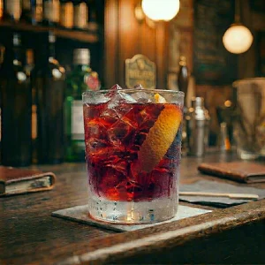 Mee-Ho-Loong görs med sloe gin, torr vermouth & orange bitters