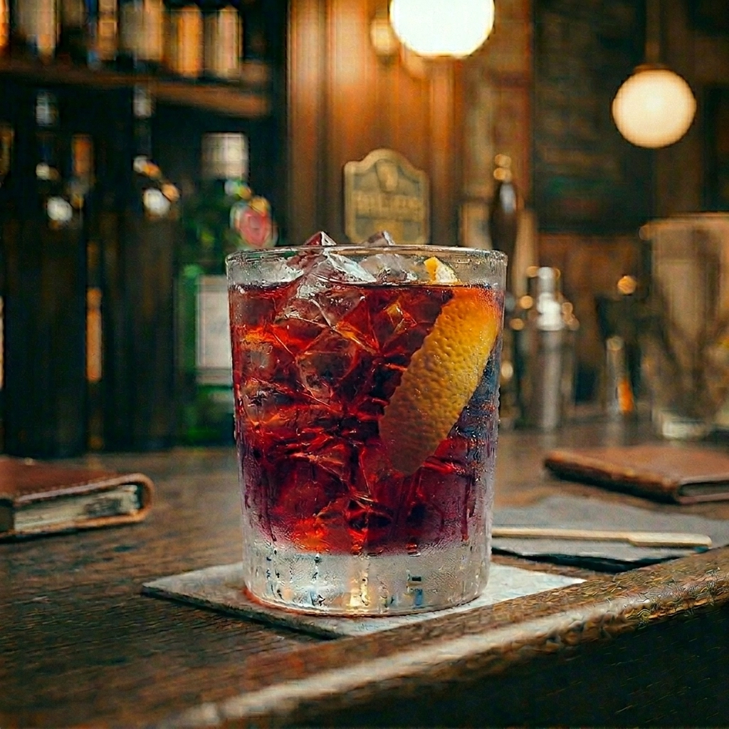 Mee-Ho-Loong görs med sloe gin, torr vermouth & orange bitters