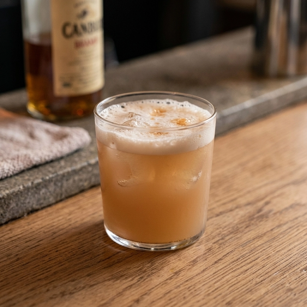 Apple Brandy Sour med calvados, citronjuice, sockerlag, äggvita & angostura bitters