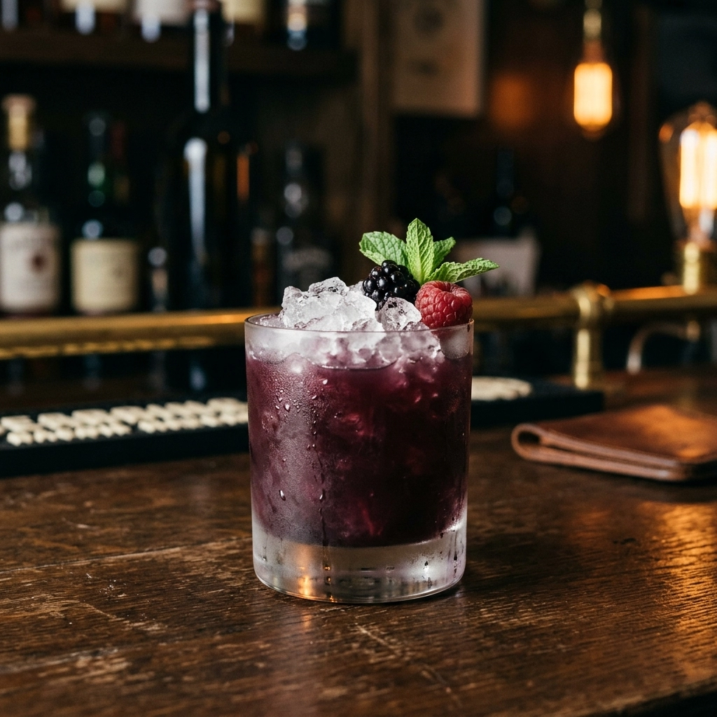 Black Eye med irländsk whiskey, drambuie, hallon, björnbär & mynta