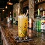 Passion Fruit Caipirinha med cachaca, lime, sockerlag & passionsfrukt