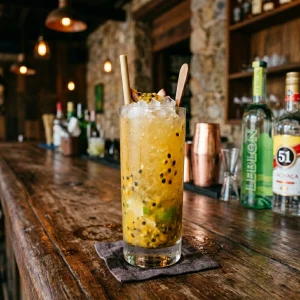 Passion Fruit Caipirinha med cachaca, lime, sockerlag & passionsfrukt