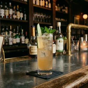 French Maid med cognac, gurka, mynta, falernum, limejuice, sockerlag & ginger beer