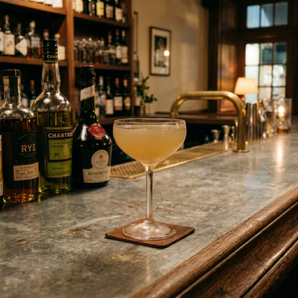 Loose Talk med rye whisky, gentianlikör, gul chartreuse, citronjuice, limejuice, marashinolikör & benedcitine D.O.M