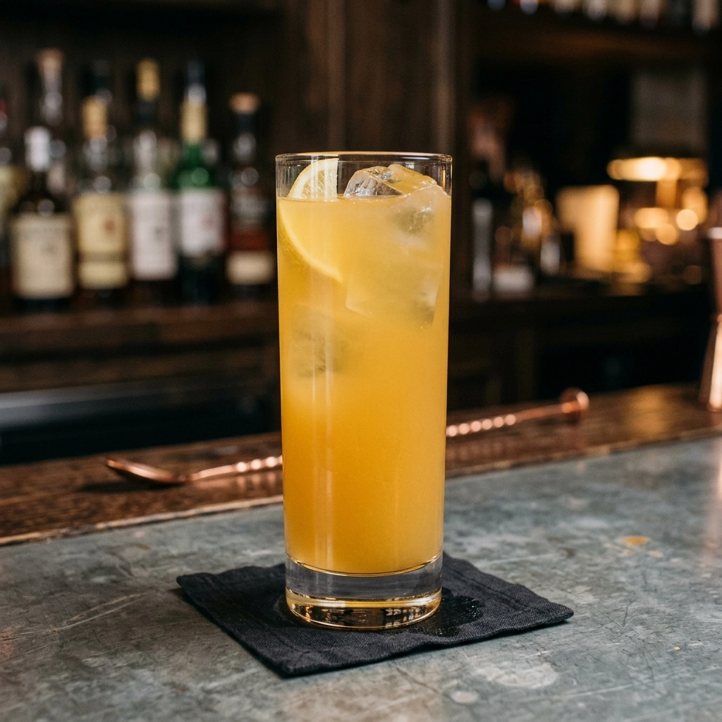 Passion Fruit Collins med gin, passionsfrukt, citronjuice, passionsfruktssockerlag & soda