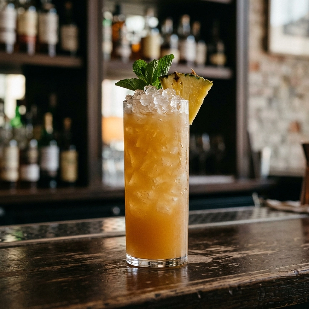 Reggae Rum Punch med jamaikansk rom, ananasjuice, apelsinjuice, jordgubbssockerlag & limejuice