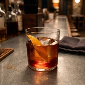 Banana Boulevardier med bourbon, söt vermouth, campari & bananlikör