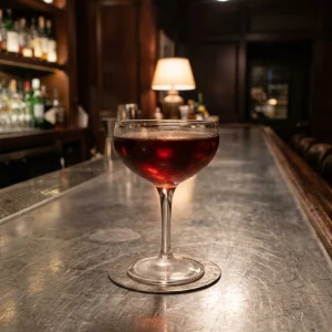 Bobby’s Manhattan med mörk rom, söt vermouth, cherry hearing, orange bitters & aromatiska bitter