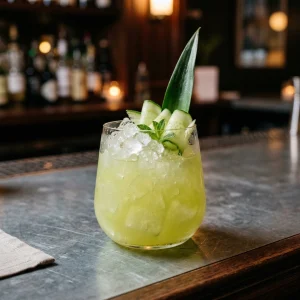 Cucumber Aku Aku med ljus rom, persikolikör, limejiuce, sockerlag, ananas, gurka & mynta