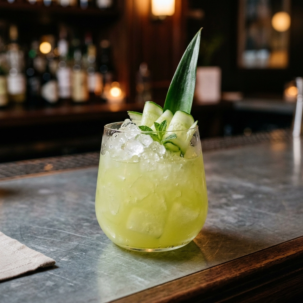Cucumber Aku Aku med ljus rom, persikolikör, limejiuce, sockerlag, ananas, gurka & mynta