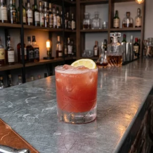 Rye Revival med rye whisky, limejuice, creme de mure, sockerlag & aromatiska bitter