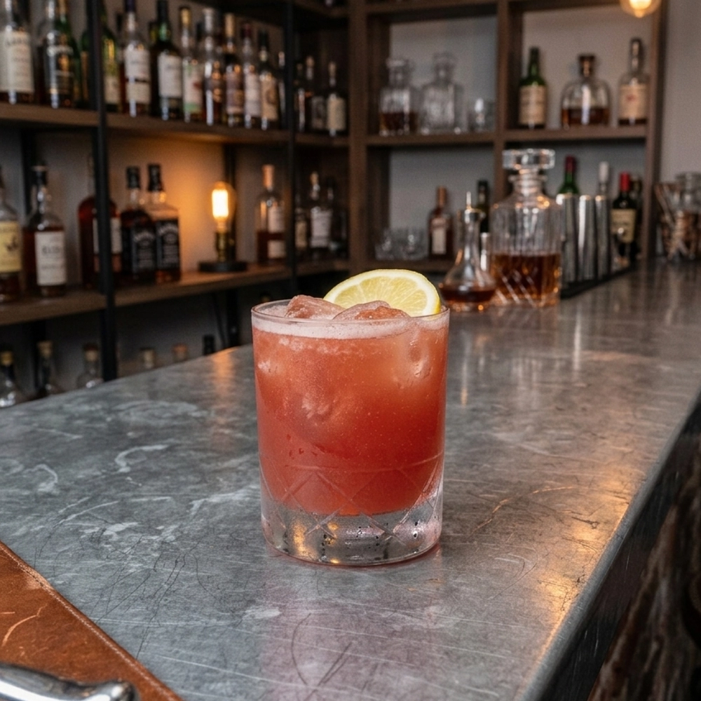 Rye Revival med rye whisky, limejuice, creme de mure, sockerlag & aromatiska bitter