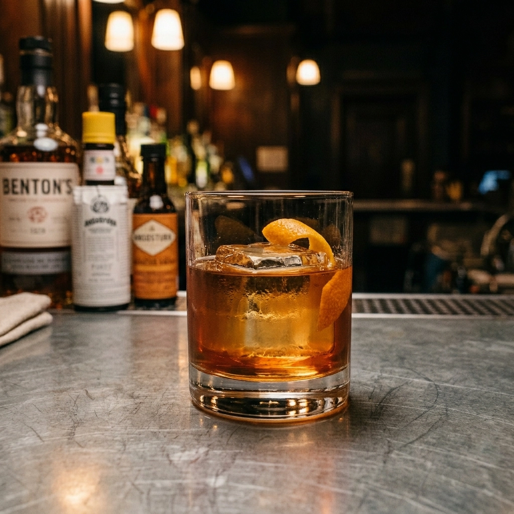 Benton´s Old Fashioned med bacon-fat-washed bourbon, lönnsirap & angostura bitters