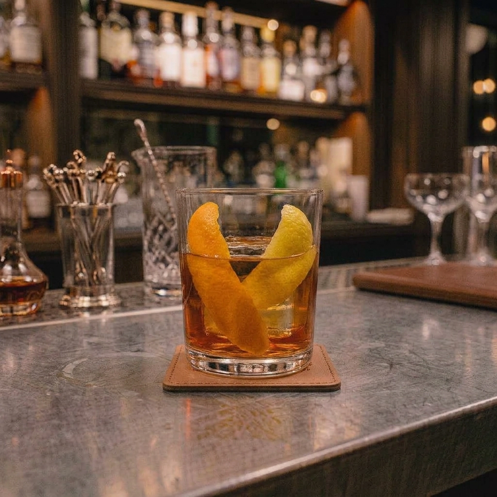 The Conference med rye whisky, bourbon, calvados, cognax, demeraraspckerlag, angostura bitters, mole bitters