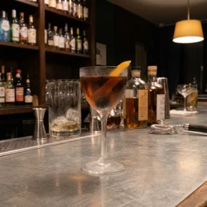 Diplomat Cocktail med torr vermouth, söt vermouth, marashinolikör & orange bitters