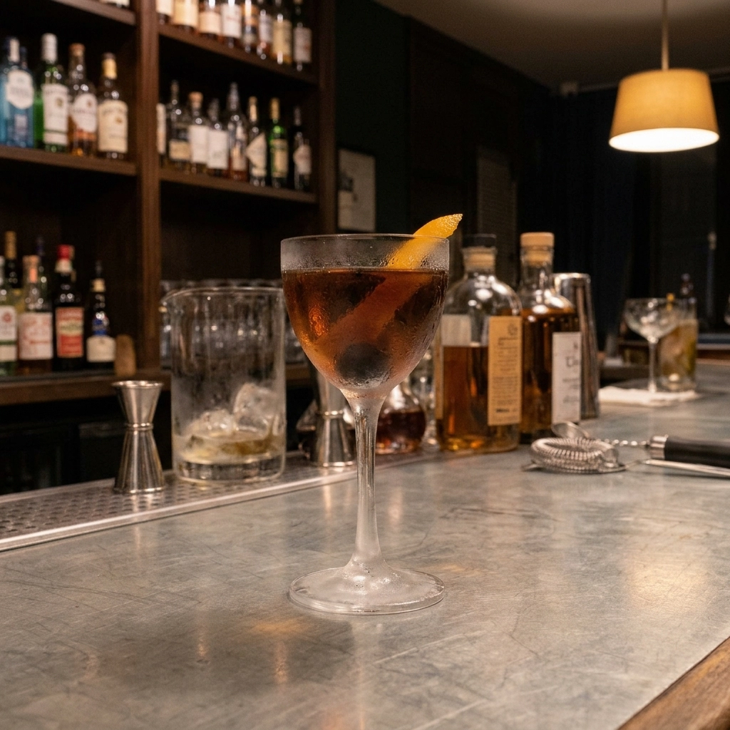 Diplomat Cocktail med torr vermouth, söt vermouth, marashinolikör & orange bitters