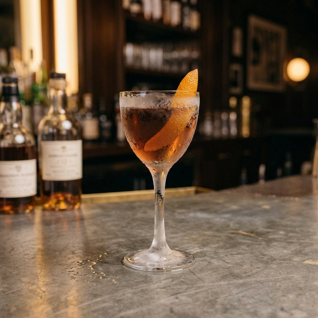 Hearn’s Cocktail med irländsk whiskey, söt vermouth, grön chartreuse, absinth, orinoco bitters & orange bitters