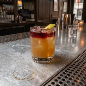 New York Sour med bourbon, sockerlag, citronjuice & rödvin