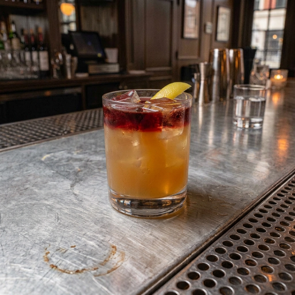 New York Sour med bourbon, sockerlag, citronjuice & rödvin